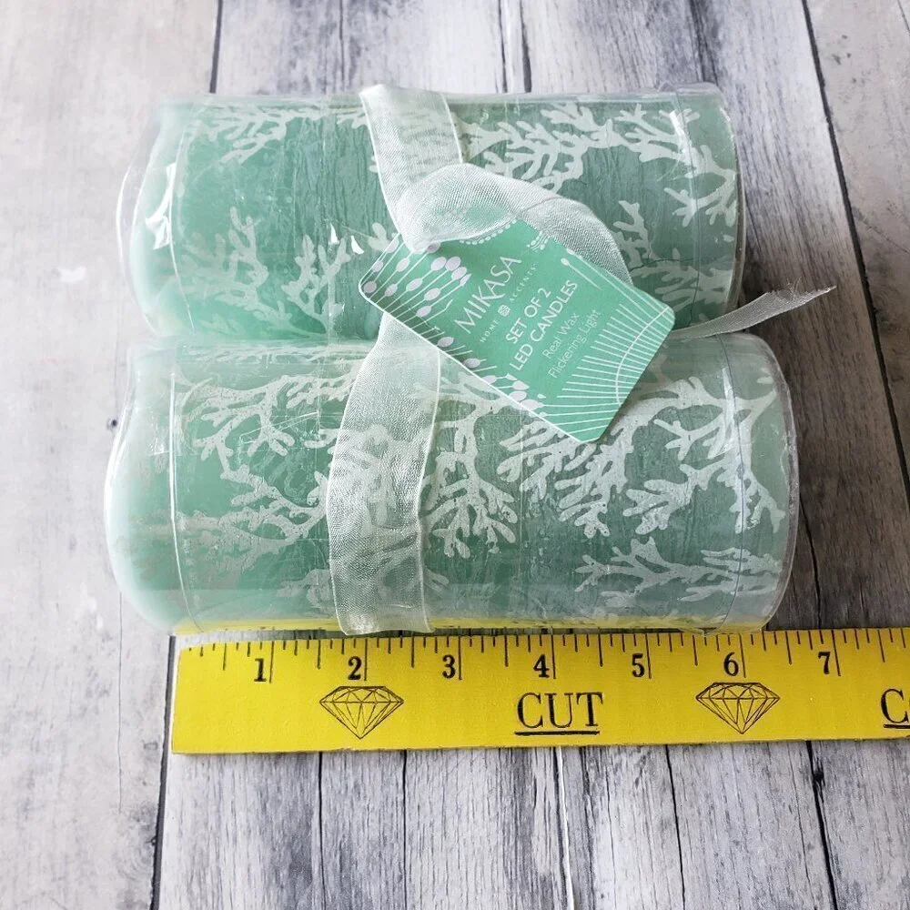 NWT - Mikasa Set of 2 Led Candles Seafoam Green with White Coral Accents